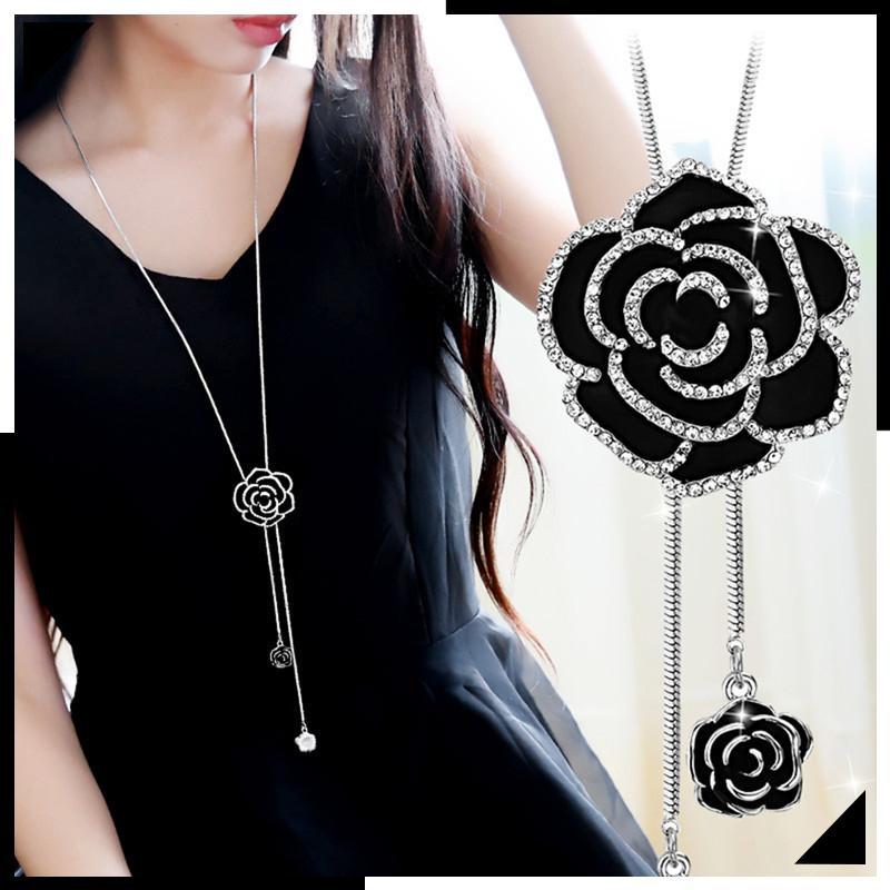 สร้อยคอยาวลายดอกกุหลาบสีดำ, สร้อยคอสเวตเตอร์โซ่คริสตัลของขวัญเครื่องประดับสำหรับผู้หญิงจากร้าน Ady】