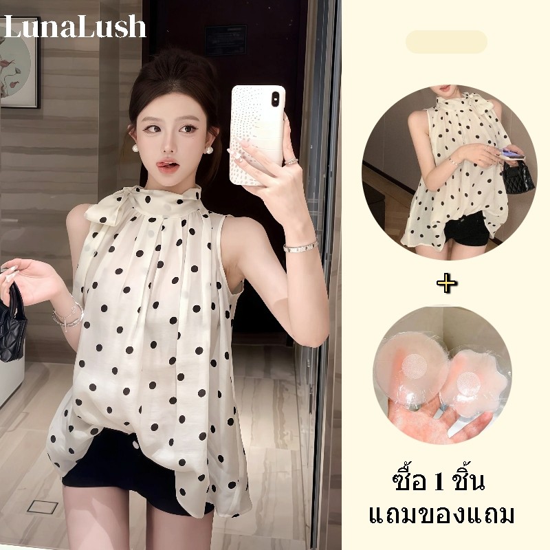 LunaLush✨พร้อมส่ง เสื้อแฟชั่นผู้หญิง เสื้อแขนกุด ลายจุด สีครีม สไตล์เกาหลี ผ้าบางเบา FY2916-0