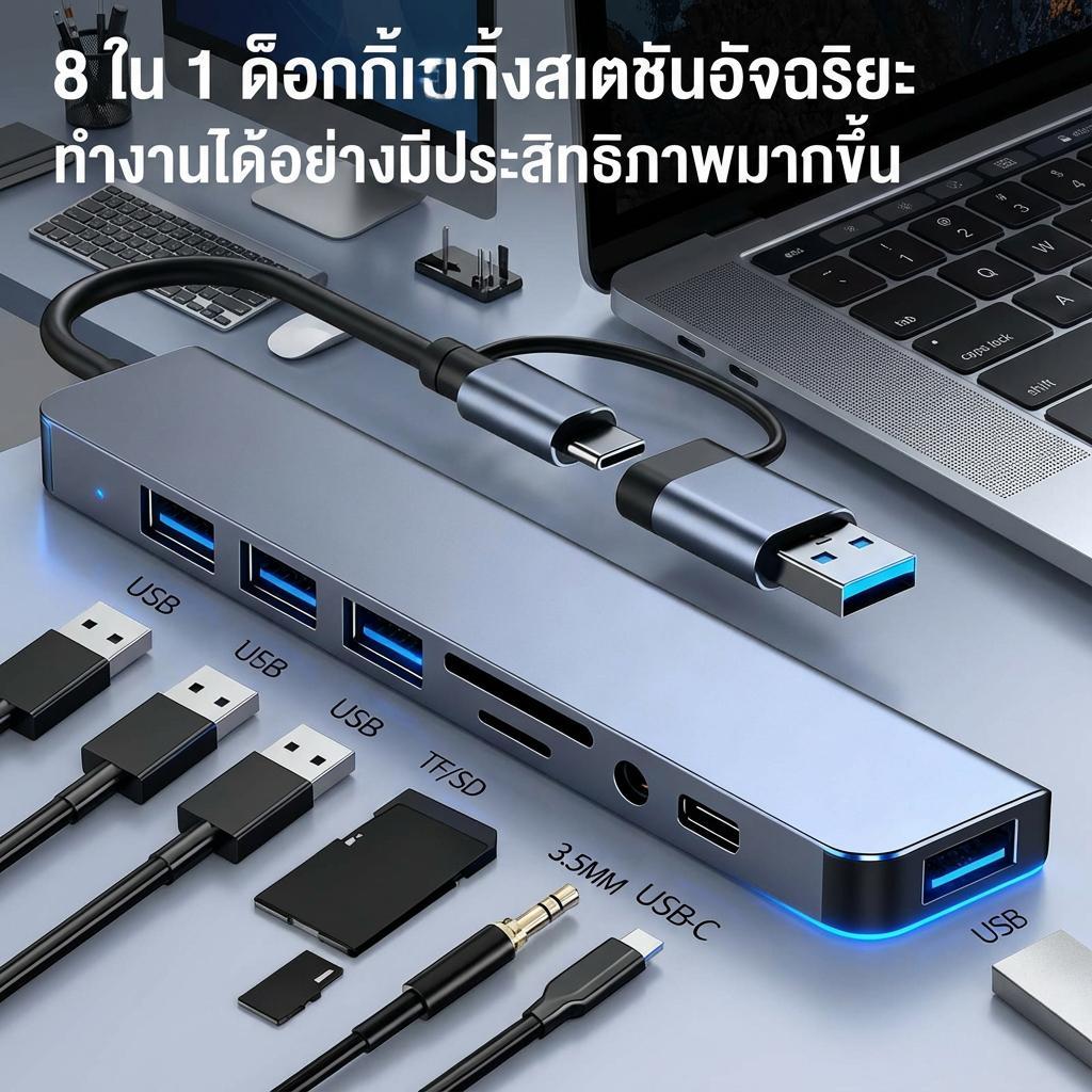 ตัวแยกฮับ USB/Type-C, 8 in 2, พร้อมเครื่องอ่านการ์ด, แท่นวาง USB C, รองรับ USB 3.0/2.0, เครื่องอ่านก