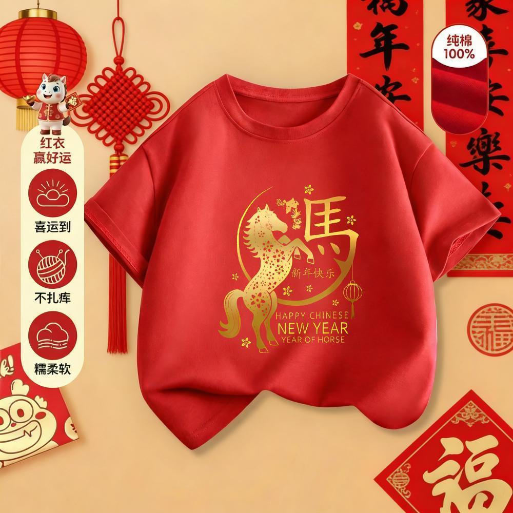Kids T-shirt 100% Cotton CNY 2026 New Year Horse Year Red T Shirt Perempuan Baju Lengan Pendek Unise