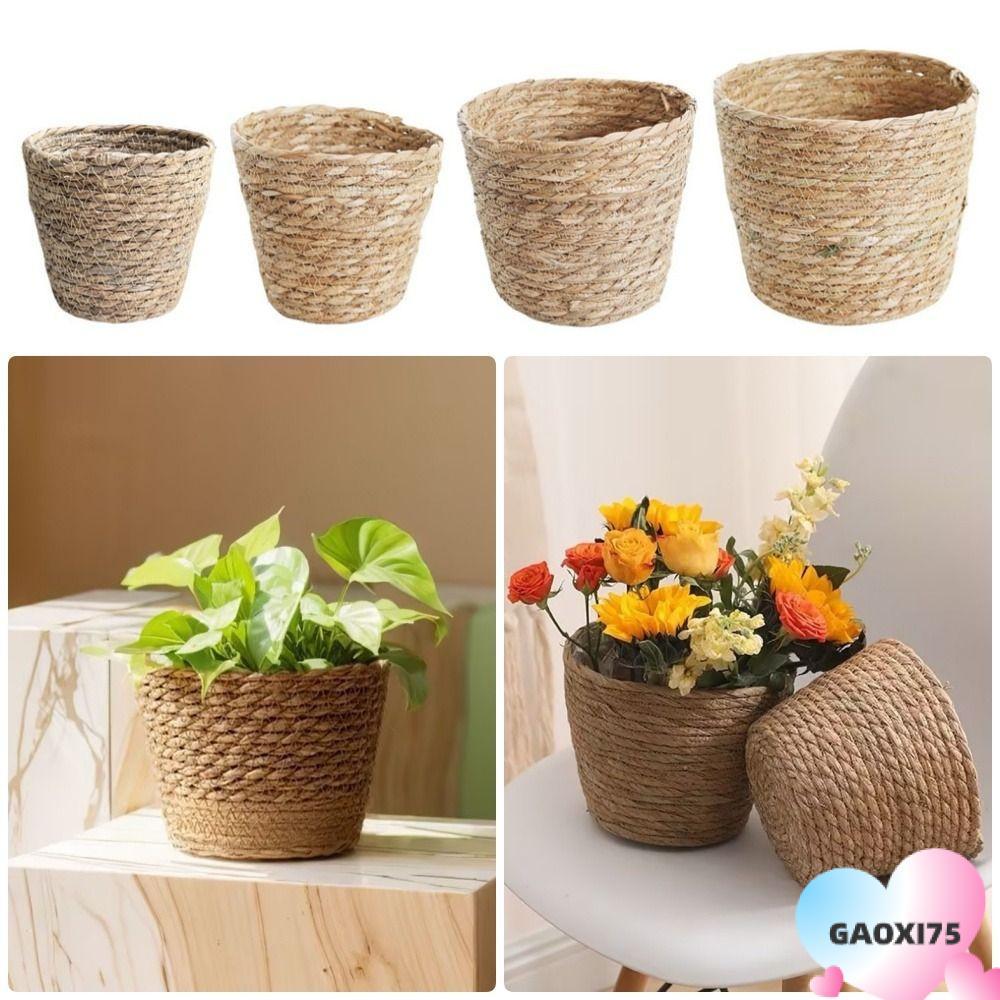 Gaoxi75 1 ชิ้นดอกไม้หม้อตะกร้า,เฟอร์นิเจอร์ตกแต่ง Planter ตะกร้าหญ้าทอกระถางดอกไม้,สําหรับ Garden Terracess หวายฟาง Mini/S/M/L ทอพืชตะกร้าดอกไม้