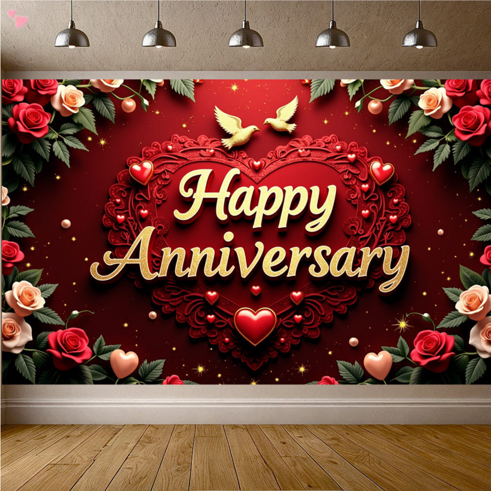 180x110 ซม./70.8x43.3 "Happy Anniversary Banner Red Heart Roses ดอกไม้ฉากหลังตกแต่งงานแต่งงานครบรอบว