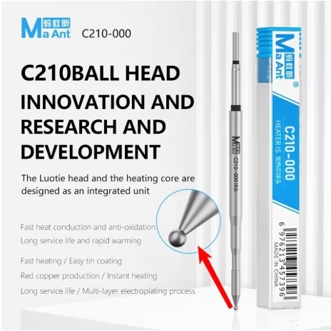 ปลายหัวแร้งบัดกรี MAANT C210-000 ใหม่ หัวแร้งแบบแกนความร้อน ดีไซน์หัวบอลขนาด 0.3 มม. ขัดเรียบเพื่องานบัดกรีที่แม่นยำ