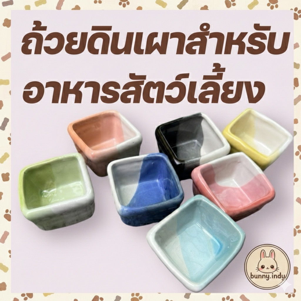 Bunny.indy ถ้วยใส่อาหารดินเผา สำหรับสัตว์เลี้ยง สีสันน่ารัก