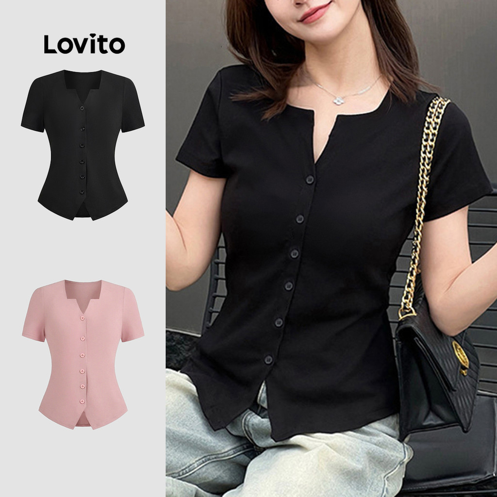 Lovito สบายๆปุ่มธรรมดาแยกด้านหน้าฤดูใบไม้ผลิ/ฤดูร้อนสีดําเสื้อยืดสําหรับผู้หญิง L135A2D216