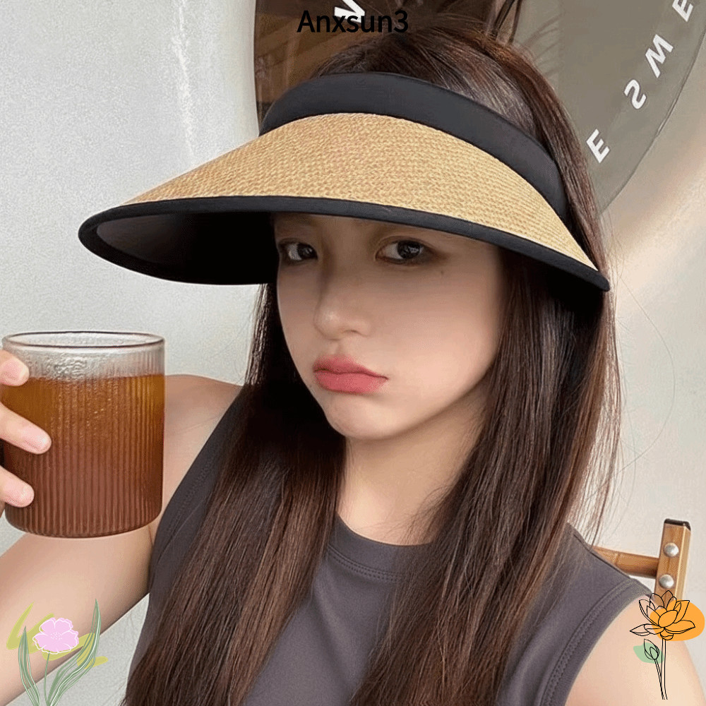 Anxsun3 หมวกฟาง, หมวกชายหาดป้องกันรังสียูวีป้องกันแสงแดด, ชายคาขนาดใหญ่หวาน กระบังหน้า หมวกด้านบนที่ว่างเปล่า