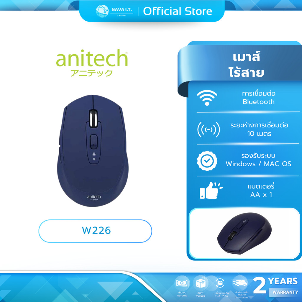 (มีส่งด่วน) ANITECH W226 BLUE MULTI FUNCTION WIRELESS MOUSE รับประกัน 2ปี