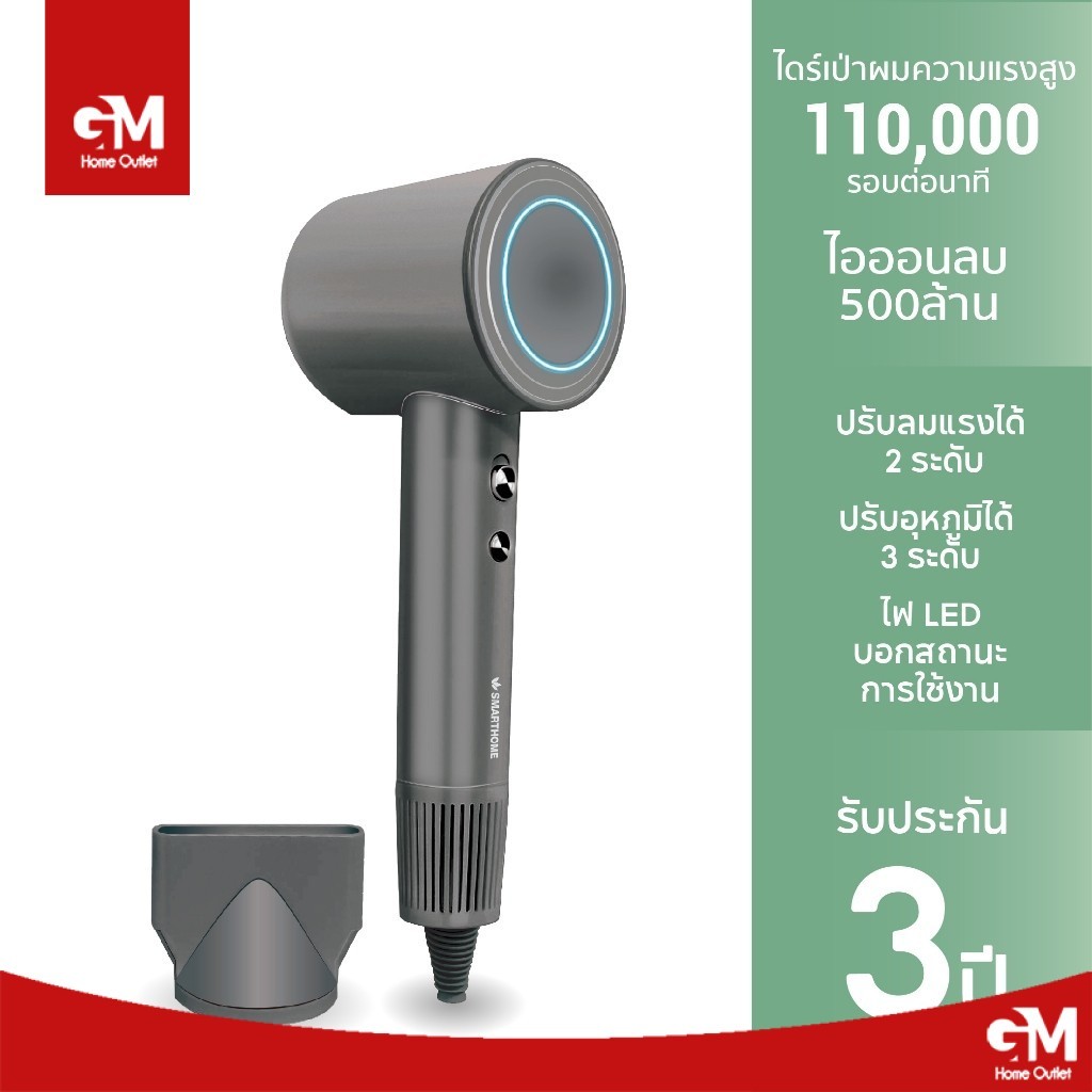 SMARTHOME Hair Dryer 1600วัตต์  ไดร์เป่าผมความแรงสูง  มีไอออนลบ ลดผมชี้ฟู  แห้งเร็ว รุ่น SHD-1601 by