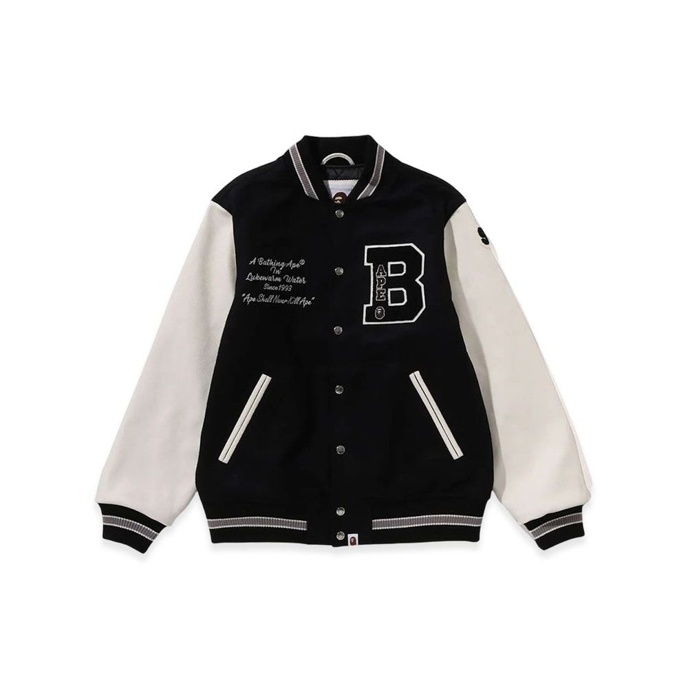 A BATHING APE Bape Embroidery Varsity Jacket Black Unused