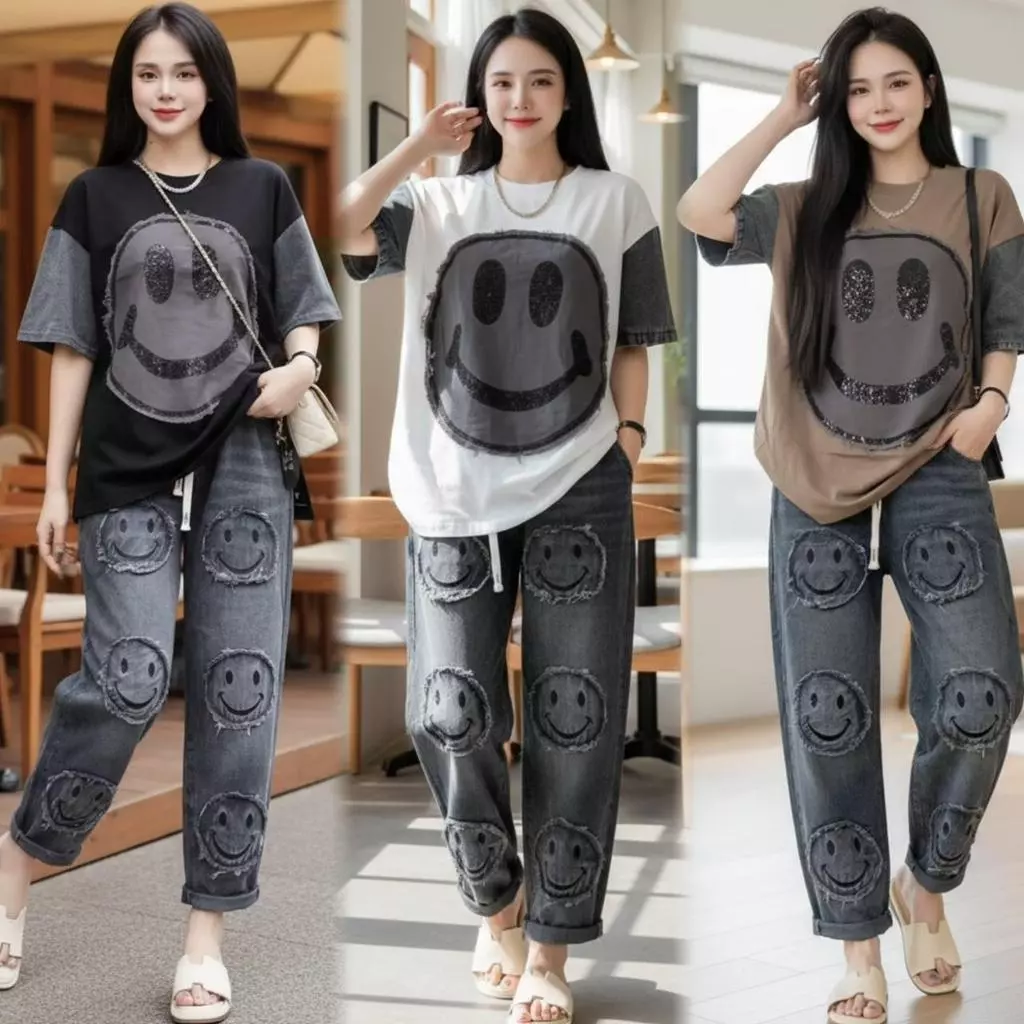 Mayura Stores No.R147 ชุดเซ็ท2ชิ้น พิมพ์ลายหน้าอมยิ้ม เสื้อ+กางเกงผ้ายืดยีนส์เทียม ชุดเซ็ทแฟชั่น
