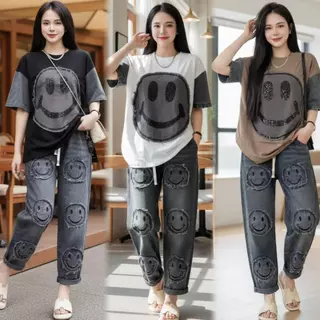 Mayura Stores No.R147 ชุดเซ็ท2ชิ้น พิมพ์ลายหน้าอมยิ้ม เสื้อ+กางเกงผ้ายืดยีนส์เทียม ชุดเซ็ทแฟชั่น