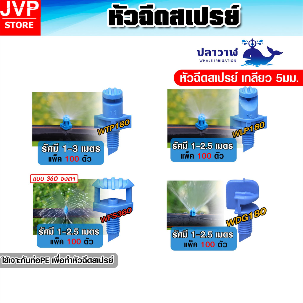 ชุดหัวฉีดสเปรย์ปลาวาฬ 180/360 องศา WDG180 WTP180 WFS360 เกลียว 5มม. กระจายน้ำละเอียด ต่อท่อPE ทนทาน 100 ตัว