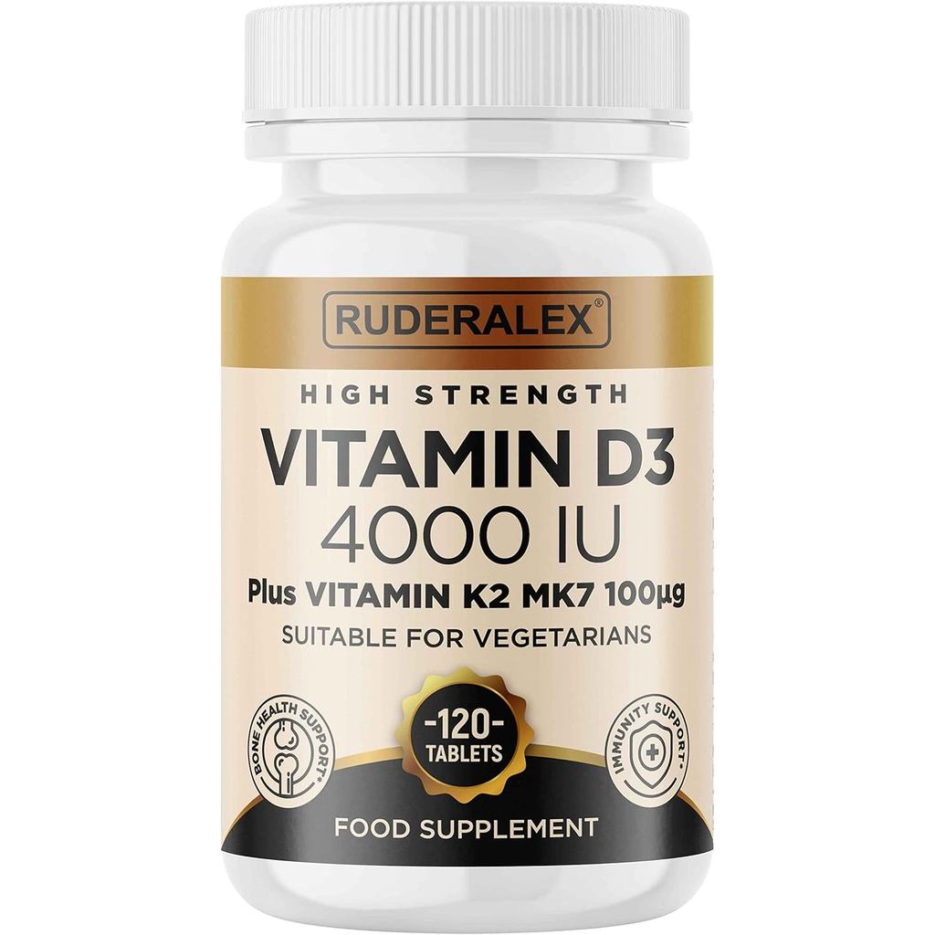 วิตามิน D3 K2 ความแข็งแรงสูง 120 เม็ด, วิตามิน D3 4000 IU และ K2 (MK7) 100mcg, มังสวิรัติ