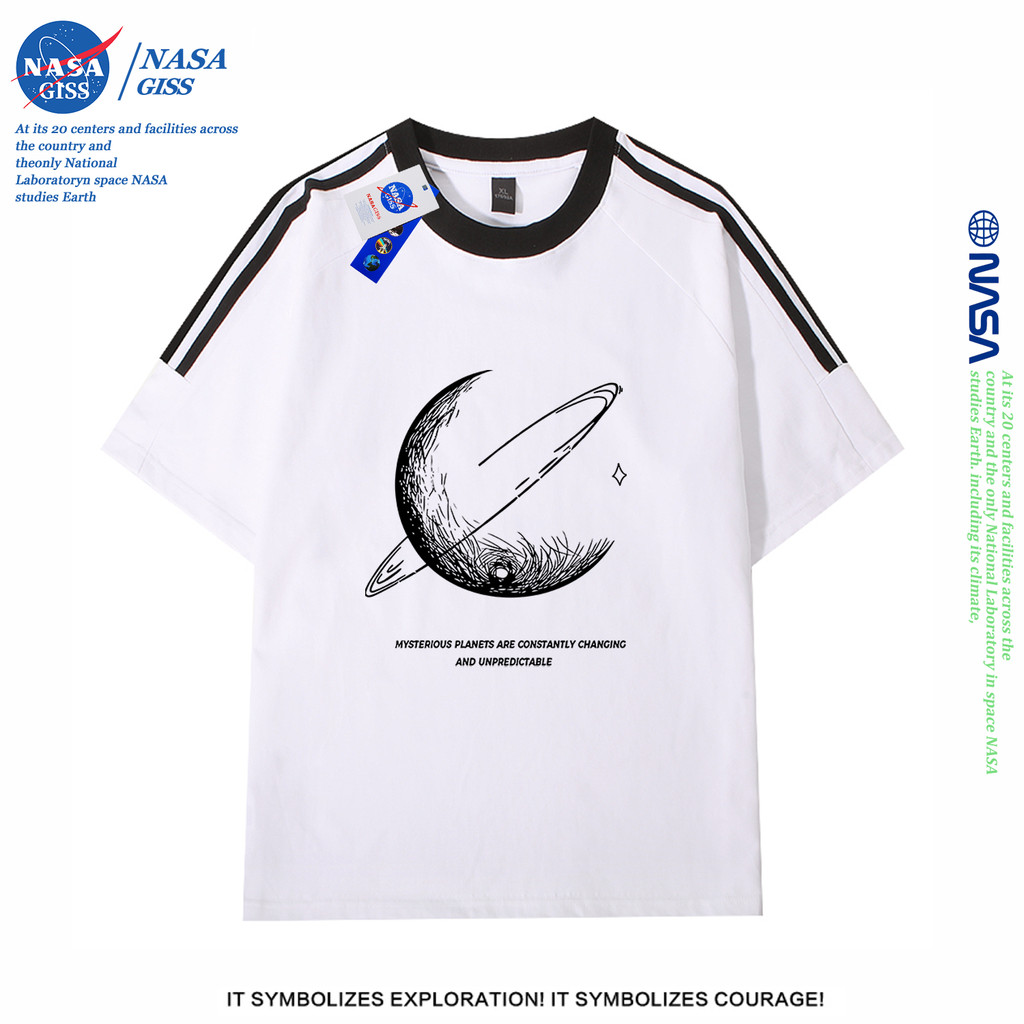 NASA เสื้อยืดสามแถบชายหญิง oversize แขนสั้น สไตล์ลำลอง summer ดาวเคราะห์ พิมพ์ลาย คอตตอน100% คอกลม หลวมและระบายอากาศ