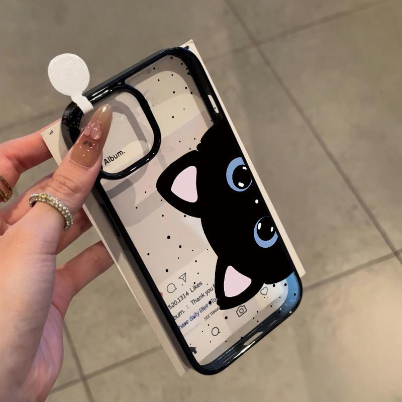 เคสสำหรับ iPhone 11 13 15 12 14 16 Pro Max 15 16 14 Plus ลายแมวดำ การ์ตูน น่ารัก เรียบง่าย ทันสมัย ​​หรูหรา เคสอะคริลิคใ