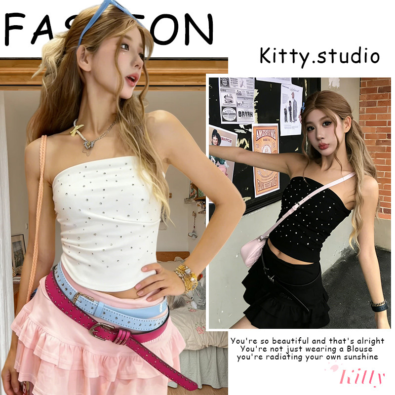 Kitty พร้อมส่ง🌸เสื้อครอป🌸เสื้อครอป เกาะอก รัดรูป มีฟองน้ำ ติดเพชร สีดำ สีขาว สีเทา ดูแพง เซ็กซี่ แฟชั่นผู้หญิง