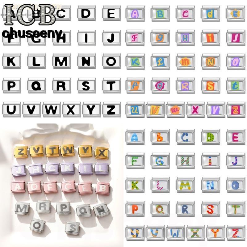สร้อยข้อมือcharmตัวอักษรAZ สไตล์อิตาเลียน สีดำ ขนาด9มม. จากสแตนเลส DIY เครื่องประดับretro