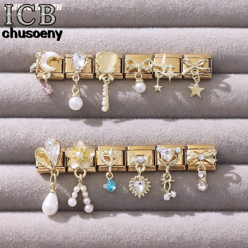 Pearl Golden 3D Bow Italian Charm Bracelet สแตนเลส ขนาด 9 มม. DIY เครื่องประดับ retro สำหรับสร้อยข้อมือ
