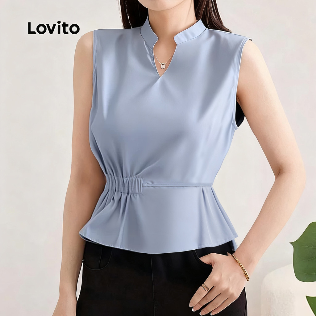 Lovito เสื้อคลุมลำลองผ้าถักคอวีสำหรับผู้หญิง สีฟ้าสำหรับฤดูใบไม้ผลิ/ฤดูร้อน L142ED657