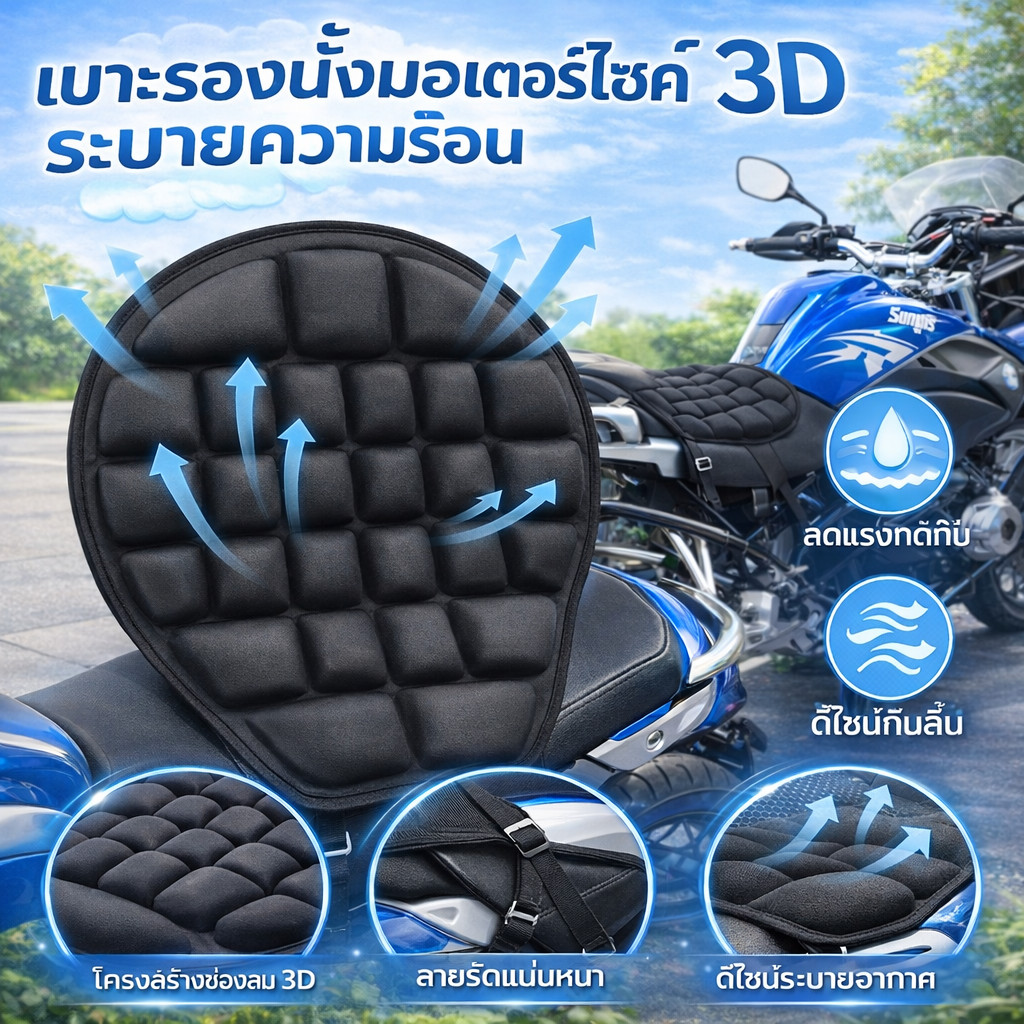 ACE MOTO เบาะรองนั่งมอเตอร์ไซค์ ลดอาการปวดเมื่อย สำหรับมอเตอร์ไซค์ นั่งสบาย เบาะบิ๊กไบค์ 3D Halle Motorcycle seat
