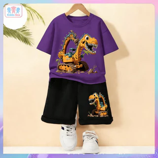 ชุดเสื้อ+กางเกงขาสั้นเด็กชาย ลายไดโนเสาร์รูปรถขุดสีเหลือง สไตล์เท่ห์ๆ คุณภาพดี ใส่สบาย