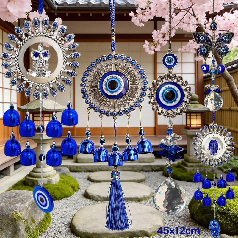 กระดิ่งลมฮวงจุ้ย ดวงตาปีศาจ สีฟ้า EVIL EYE โมบายฮวงจุ้ย เสริมดวงชะตา เรียกทรัพย์ นำโชคดี เสริมฮวงจุ้ย กระดิ่งแขวนประตู