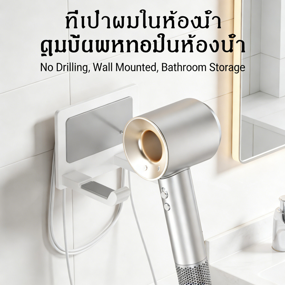 ชั้นเก็บไดร์เป่าผม ชั้นเก็บของในห้องน้ํา แบบไม่เจาะรู ที่วางได ชั้นเก็บไดร์เป่าผม