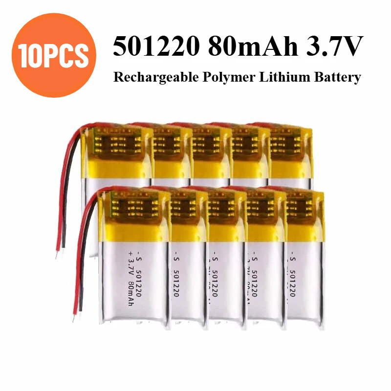 10ชิ้น 501220 80มิลลิแอมป์ชั่วโมง3.7โวลต์แบบชาร์จโพลิเมอร์แบตเตอรี่ลิเธียมสําหรับชุดหูฟังบลูทูธนาฬิก
