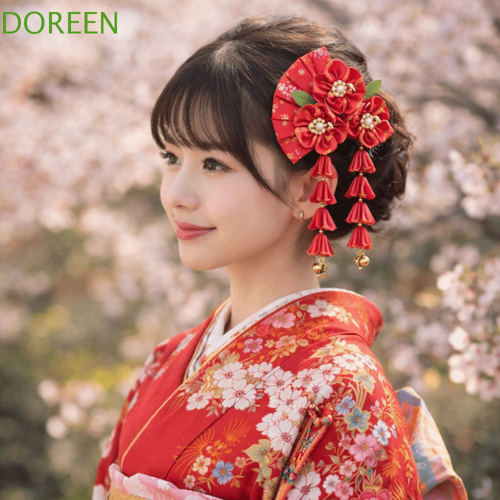 DOREEN พู่พัดลม Hairpin, ผ้าพู่ญี่ปุ่นชุดกิโมโน Headwear, All-match Sakura ดอกไม้ Hanfu พัดลมกิ๊บกิโมโนเด็ก