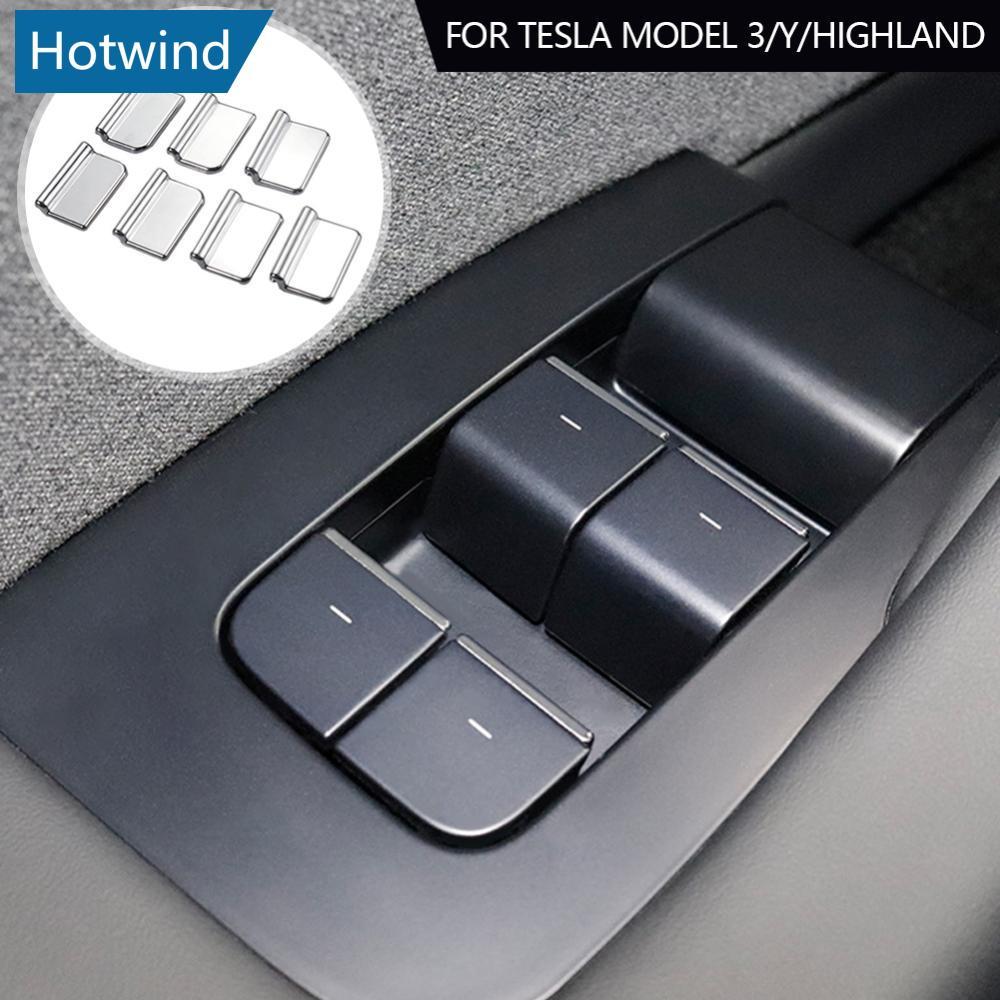 HW 7 ชิ้นปุ่มชุบโครเมียม Trim สวิทช์หน้าต่างตกแต่งแผ่นชุดสําหรับ Tesla รุ่น 3/Y/Highland ภายในสไตล์อ