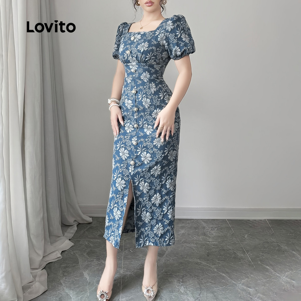 Lovito ชุดลำลองสไตล์ฝรั่งเศสสบาย ๆ สไตล์เงียบ ๆ ของไข่มุก เดรสสีฟ้า สำหรับผู้หญิง ฤดูใบไม้ผลิ/ฤดูร้อน L150AD1621 ราคา ถูกที่สุด ดีลบีเคเค แกลเลอรีภาพที่ 4