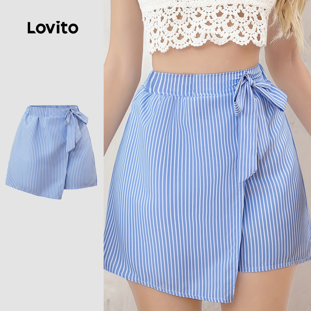 (NEW) Lovito  กางเกงขาสั้นลําลองลายลูกไม้ สีฟ้า ขาว สําหรับผู้หญิง ฤดูใบไม้ผลิ/ฤดูร้อน LK4AD410