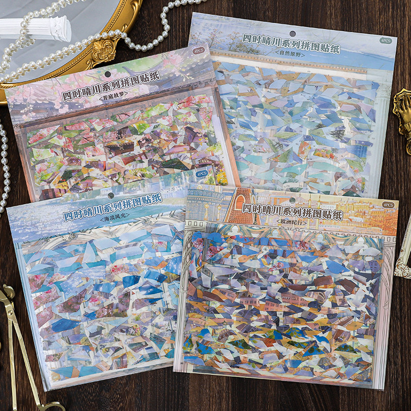WEI 4 ชิ้น [Four Seasons Sunny River] 3D ขนาดใหญ่กันน้ําสติกเกอร์ภูมิทัศน์ Fangting โบราณ Dream Coastal Scenery สําหรับวารสาร Scrapbooking ไดอารี่