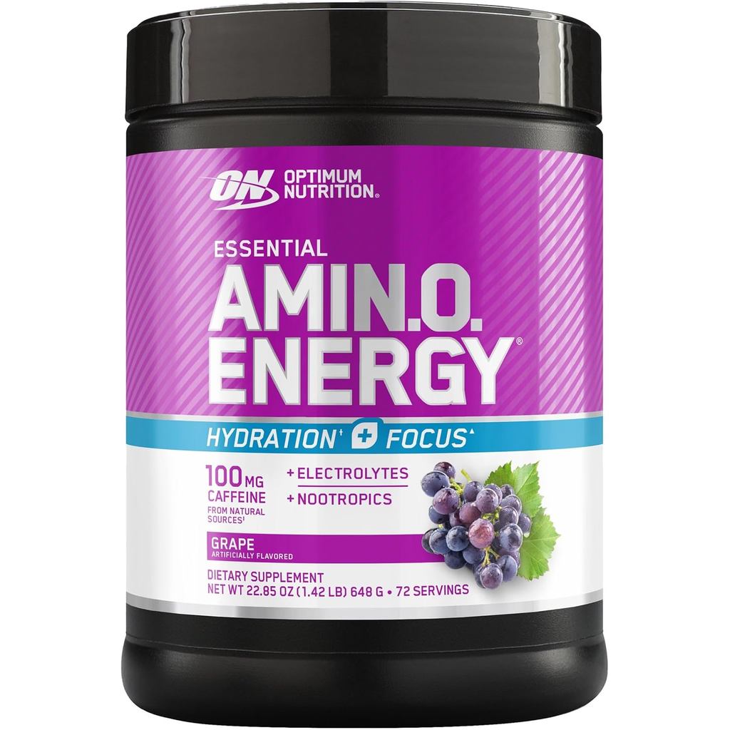 Optimum Nutrition Amino Energy Powder Plus Focus, with BCAA, Electrolytes, and Caffeine, Grape, 1.42