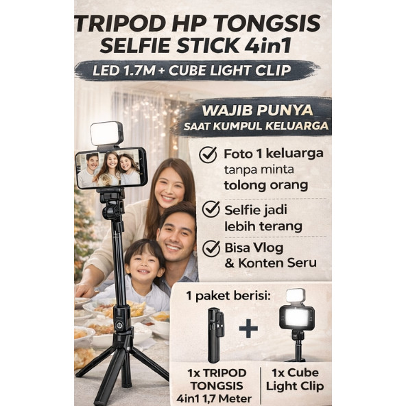 BUNDLE Tongsis Selfie Stick 4in1 LED 1.7M + Cube Light Clip Selfie Lamp TikTok