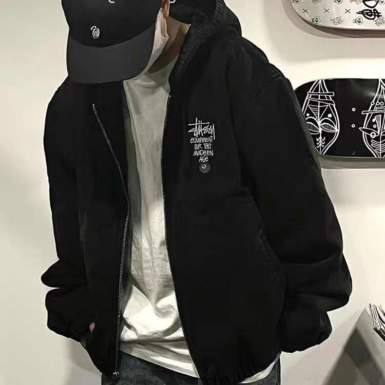 PCFQ St**sy Washed distressed Xunyou letter embroidery black8Hooded workwear canvas cotton jacket
