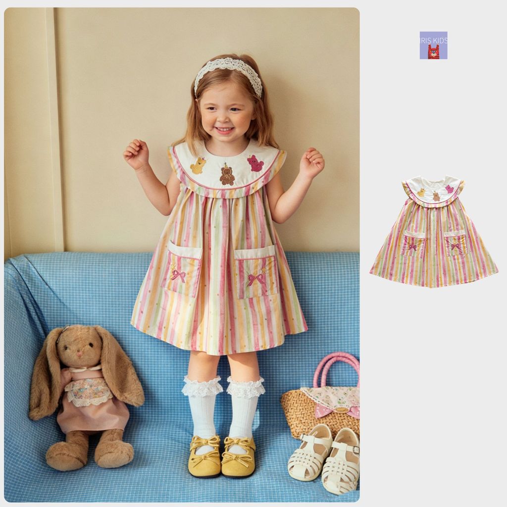 「สินค้าลิขสิทธิ์แท้」IRIS KIDS 26ss IKD260263 Pastel Bear Dress ชุดเดรสเด็กผู้หญิง ลายทางพาสเทลปักหมี กระเป๋าหน้าแต่งโบว์