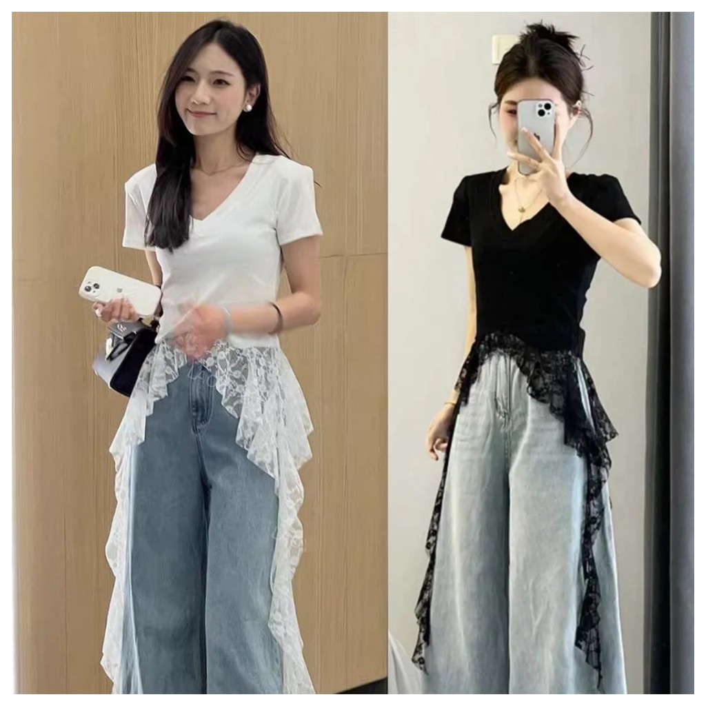 เสื้อยืดแขนสั้นสีดำคอวีไหล่ขวาสำหรับสาวฮอตกับเสื้อริบบิ้นลูกไม้ประกบผิดปกติ