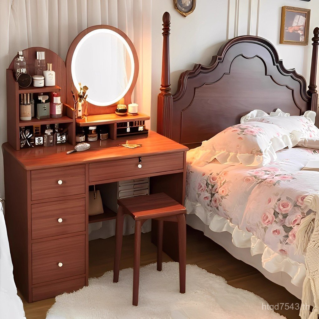 2025 Retro Simple ตู้โต๊ะเครื่องแป้งขนาดเล็กโมเดิร์นมุมกระจกสไตล์ใหม่ Integrated Desk Dressing ห้องน