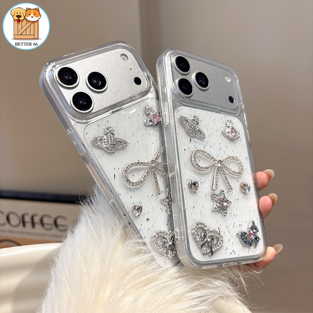 Glitter Clearเคสโทรศัพท์Rhinestone Bow Saturn Star CharmsสําหรับiPhone 17 16 15 14 13 Pro Maxกันกระแ