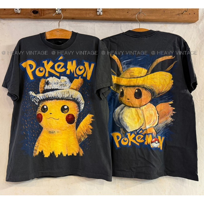 POKEMON Vincent van Gogh Bio Washed เสื้อวินเทจ เสื้อการ์ตูน ตลก heavy vintage shirt