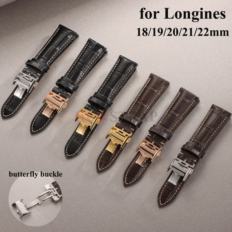 สายนาฬิกา 18 มม.19 มม.20 มม.21 มม.22 มม.ผู้ชายผู้หญิง Cowhide สําหรับ Longines ผีเสื้อ Clasp Univers