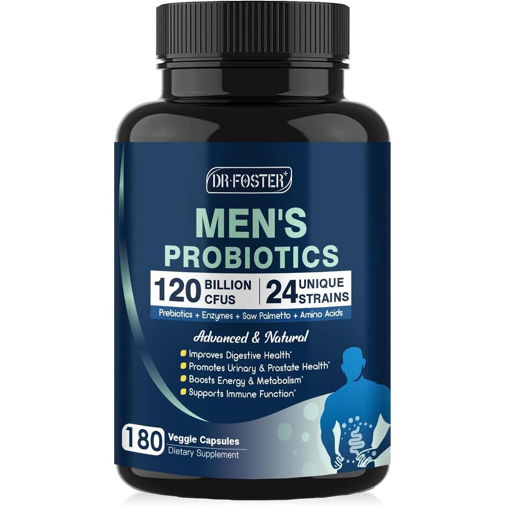 DRFOSTER Probiotics for Men Digestive Health, 120 Billion CFUs Mens Probiotic with Enzymes & Prebiot