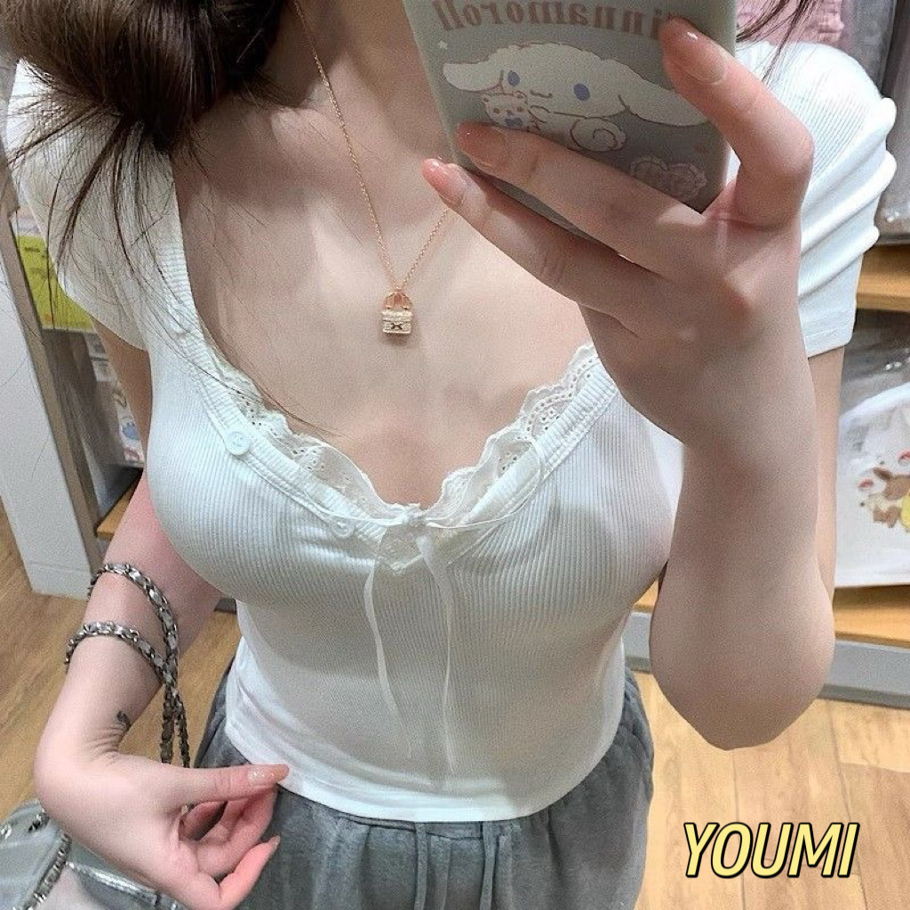 ส่งไวจากไทย เสื้อท่อนบน คอวีแต่งลูกไม้ แขนสั้น ดีไซน์หวานน่ารัก ลูกไม้โบว์ด้านหน้า YOUMI