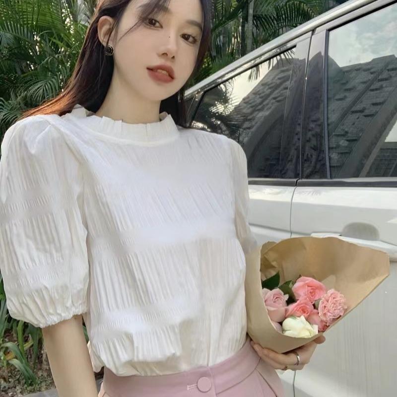 เสื้อเชิ้ตแขนตุ๊กตาคอสูงสไตล์ฝรั่งเศส ดีไซน์รอยจีบเต็มตัว เรียบหรูแมตช์ง่าย-พร้อมส่งจากไทย-รุ่นW695
