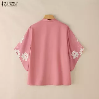 ZANZEA ใส่ ซานเซีย ผู้หญิงเกาหลีหรูหราวินเทจคอ โวลต์ 3/4 แขนบานดอกไม้พิมพ์หลวมพอดีเสื้อ