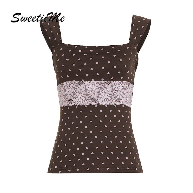 Camisole สตรี ลายจุดโปลกาดอทและสไตล์เรโทร การออกแบบสแควร์คอดูสวยงาม