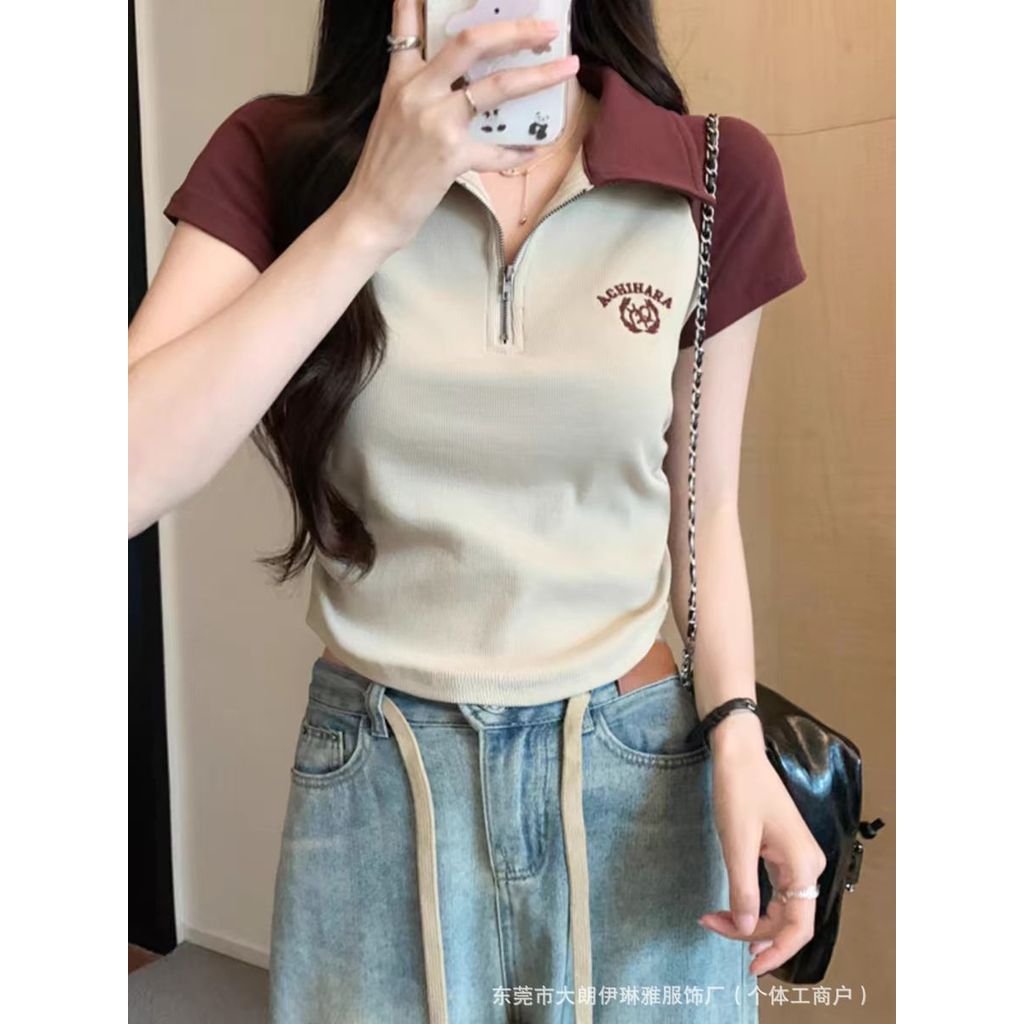 แขนสั้นสไตล์อเมริกันเอวเล็กสไตล์สั้นbmtwpoloเสื้อคอปกด้านบน2024t Bottomingเกาหลีความสูงของผู้หญิงฤดู