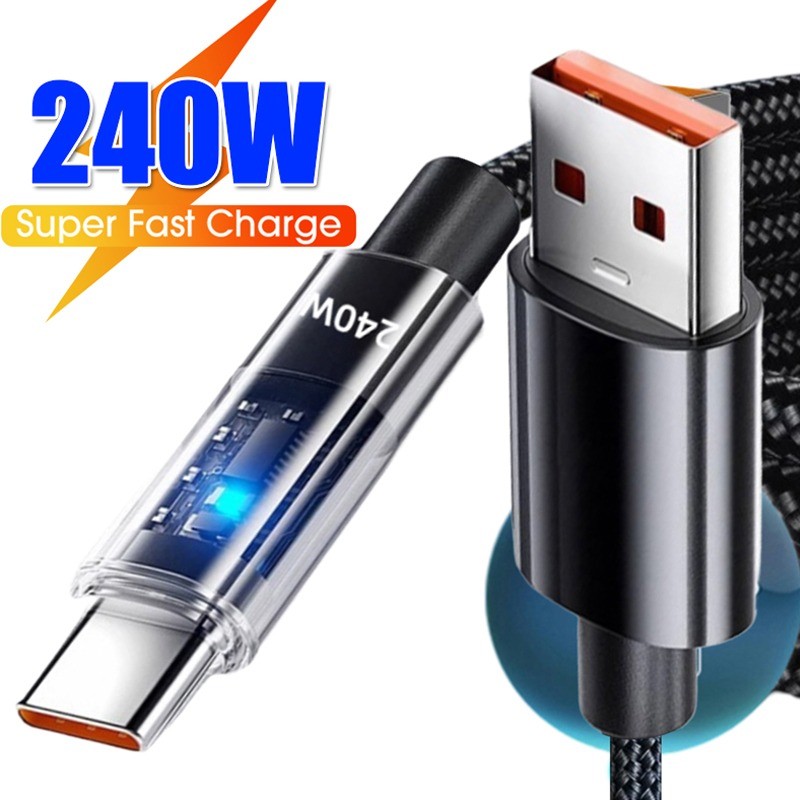 25 ซม./1 M/1.5 M/2 M USB ประเภท C Super Fast สายชาร์จ / 240W โปร่งใส Emitting ผ้าทอผ้าสายข้อมูลสําหรับ Android