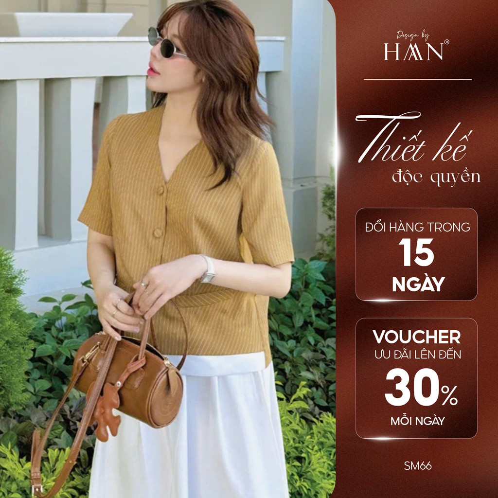HAAN Design SM66 เสื้อเชิ้ตสํานักงานคอวีลายทางแขนสั้น